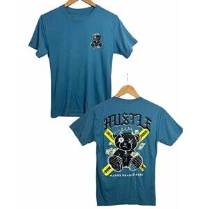 Vibes Men's M Blue Double-Sided Teddy Bear Graphic Cotton Crew Neck T-Shirt